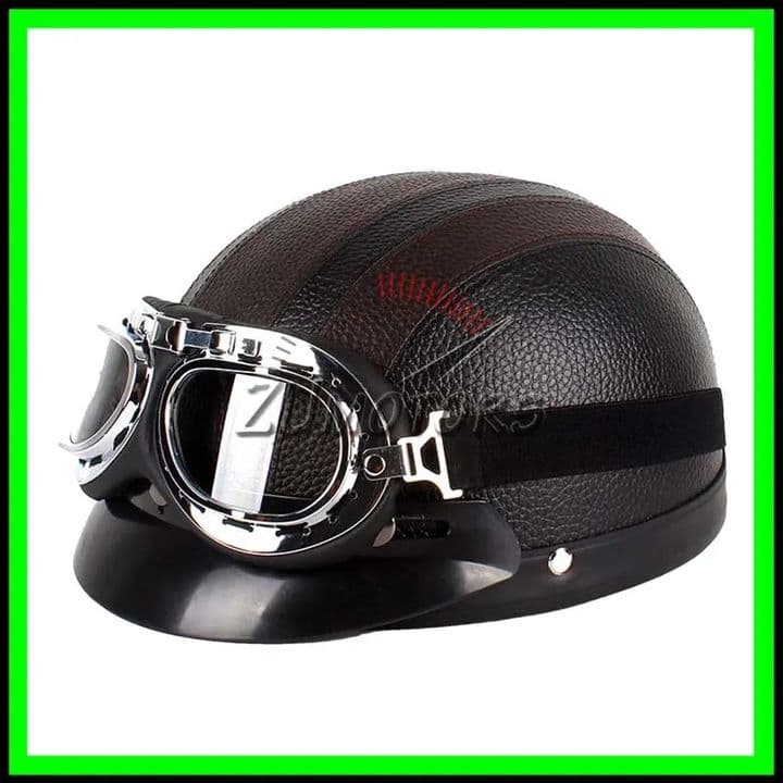 Casca moto Retro scuter Vespa Chopper Piele + Ochelari WW2 -Negru-Maro